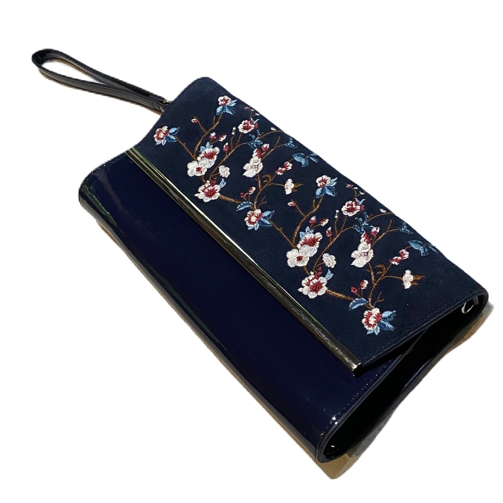 WHITE HOUSE BLACK MARKET Blue Suede Embroidered Clutch Hand Bag ~ Cherry Blossom